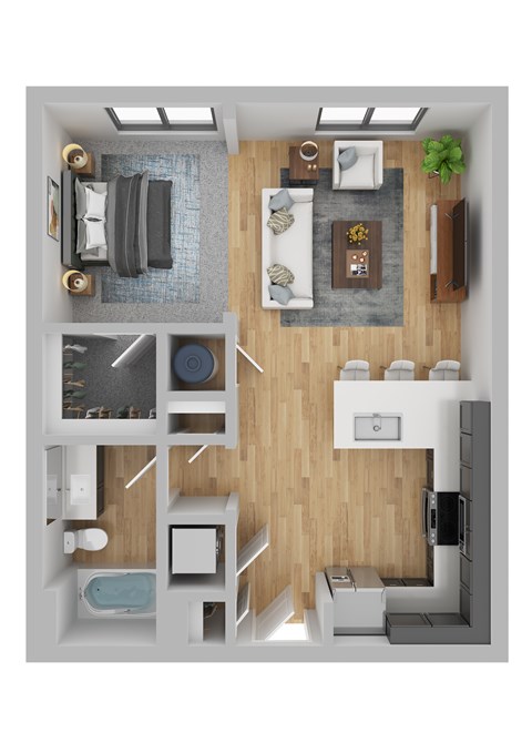 Floor plan for studio, 1 bath, 631 sqft
